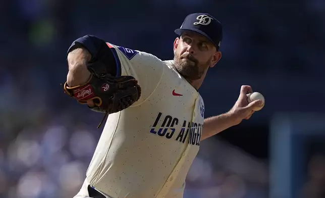 Los Angeles Dodgers starting pitcher James Paxton throws to the plate during the second inning of a baseball game against the Milwaukee Brewers Saturday, July 6, 2024, in Los Angeles. (AP Photo/Mark J. Terrill)