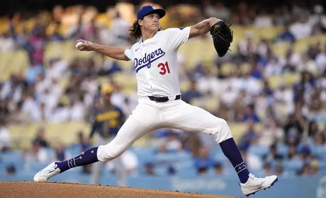 Los Angeles Dodgers starting pitcher Tyler Glasnow throws to the plate during the first inning of a baseball game against the Milwaukee Brewers Friday, July 5, 2024, in Los Angeles. (AP Photo/Mark J. Terrill)