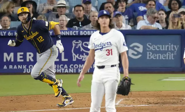 Milwaukee Brewers' Rhys Hoskins, left, heads to first for a grand slam as Los Angeles Dodgers starting pitcher Tyler Glasnow watches during the fourth inning of a baseball game Friday, July 5, 2024, in Los Angeles. (AP Photo/Mark J. Terrill)