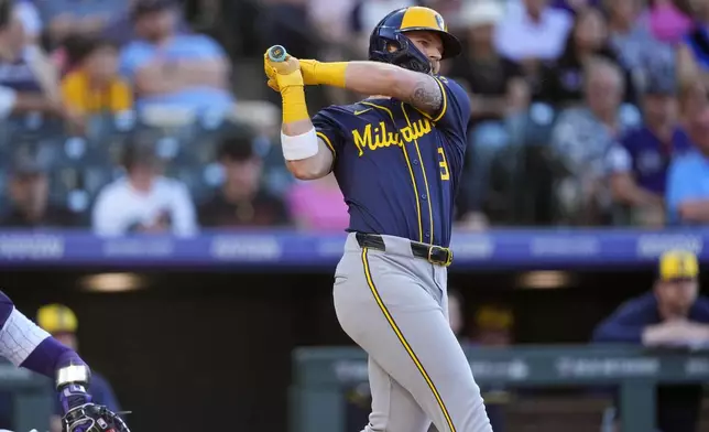 Milwaukee Brewers' Jake Bauers follows the flight of his RBI single off Colorado Rockies starting pitcher Dakota Hudson in the second inning of a baseball game, Wednesday, July 3, 2024, in Denver. (AP Photo/David Zalubowski)
