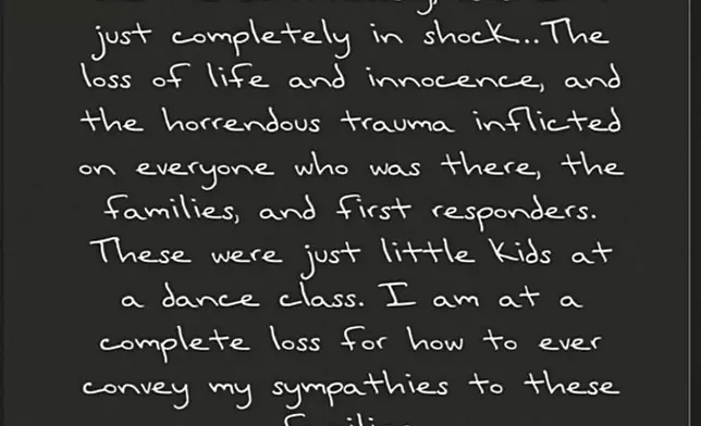 The screenshot shows Taylor Swifts' Instagram response to the stabbing in Southport, Tuesday, July 30, 2024. Three children died and eight were injured in a knife attack during a Taylor Swift event at a dance school on Monday, in Southport, England. (AP Photo)