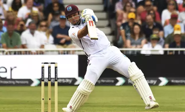 West Indies Joshua Da Silva plays a shot during day three of the second Test between England and West Indies at Trent Bridge cricket ground, Nottingham, England, Saturday, July 20, 2024. (AP Photo/Rui Vieira)