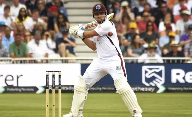 West Indies Joshua Da Silva plays a shot during day three of the second Test between England and West Indies at Trent Bridge cricket ground, Nottingham, England, Saturday, July 20, 2024. (AP Photo/Rui Vieira)