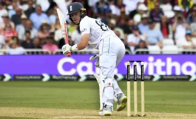 England's Ollie Pope plays a shot during day three of the second Test between England and West Indies at Trent Bridge cricket ground, Nottingham, England, Saturday, July 20, 2024. (AP Photo/Rui Vieira)