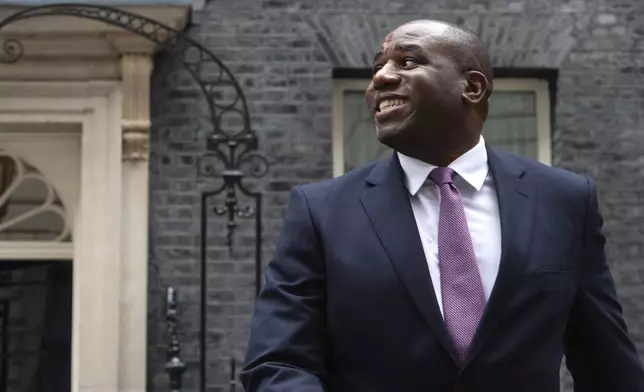 Incoming Secretary of State for Foreign, Commonwealth and Development Affairs David Lammy leaves Downing Street in London, Friday, July 5, 2024. Britain's Labour Party swept to power Friday after more than a decade in opposition, as a jaded electorate handed the party a landslide victory, but also a mammoth task of reinvigorating a stagnant economy and dispirited nation. (AP Photo/Thomas Krych)