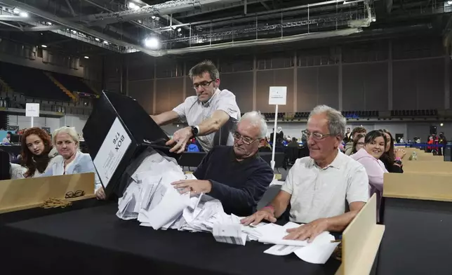 Votes are counted at Emirates Arena in Glasgow, Scotland, during the count for Glasgow Central and Glasgow South constituencies in the 2024 General Election, Thursday, July 4, 2024. Britain’s Labour Party was headed for a huge majority in Britain’s election on Thursday, an exit poll suggested. (Andrew Milligan/PA via AP)