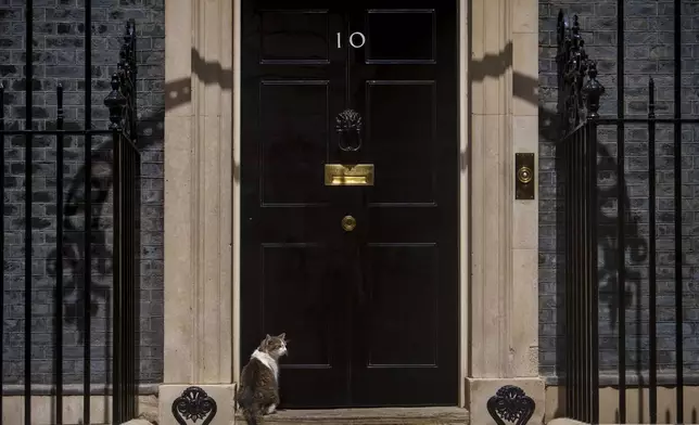 Larry the Cat, Britain's mouse-catcher in chief and long time resident at the the British Prime Minister's official residence, waits to be allowed inside at the door of 10 Downing Street in London, Friday, July 5, 2024. Britain's Labour Party swept to power Friday after more than a decade in opposition, as a jaded electorate handed the party a landslide victory — but also a mammoth task of reinvigorating a stagnant economy and dispirited nation. (AP Photo/Vadim Ghirda)