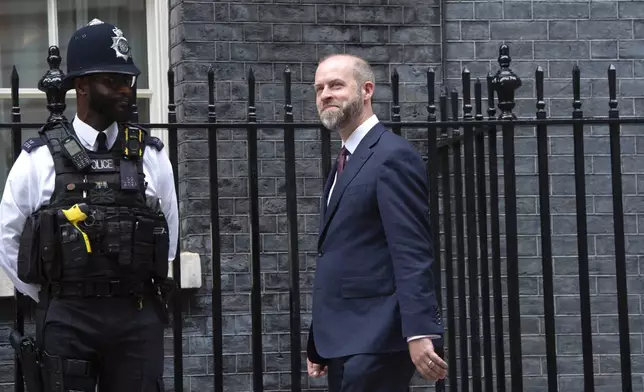 Incoming Secretary of State for Business and Trade Jonathan Reynolds arrives at Downing Street in London, Friday, July 5, 2024. Britain's Labour Party swept to power Friday after more than a decade in opposition, as a jaded electorate handed the party a landslide victory, but also a mammoth task of reinvigorating a stagnant economy and dispirited nation. (AP Photo/Thomas Krych)