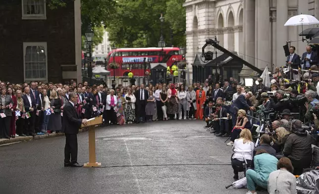 Britain's Labour Party Prime Minister Keir Starmer speaks to the media and supporters in London, Friday, July 5, 2024. Labour leader Stammer won the general election on July 4, and was appointed Prime Minster by King Charles III at Buckingham Palace, after the party won a landslide victory. (AP Photo/Vadim Ghirda)