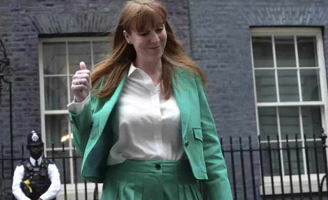 Incoming Deputy Prime Minister and Secretary of State for Levelling Up, Housing and Communities Angela Rayner leaves 10 Downing Street in London, Friday, July 5, 2024. Britain's Labour Party swept to power Friday after more than a decade in opposition, as a jaded electorate handed the party a landslide victory, but also a mammoth task of reinvigorating a stagnant economy and dispirited nation. (AP Photo/Thomas Krych)