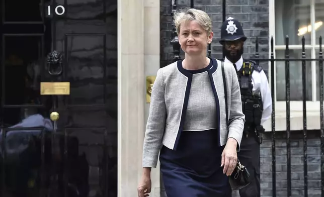 Incoming Secretary of State for the Home Department Yvette Cooper leaves Downing Street in London, Friday, July 5, 2024. Britain's Labour Party swept to power Friday after more than a decade in opposition, as a jaded electorate handed the party a landslide victory, but also a mammoth task of reinvigorating a stagnant economy and dispirited nation. (AP Photo/Thomas Krych)