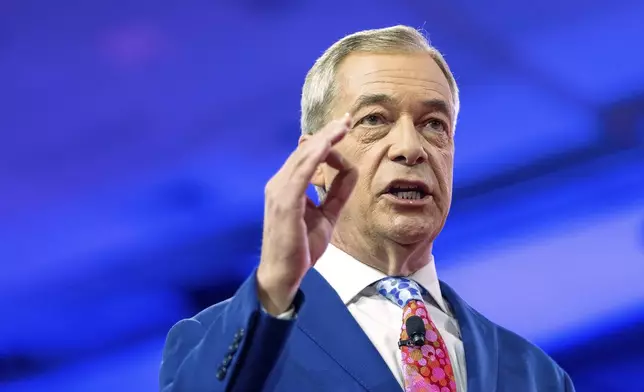 Nigel Farage, former leader of the Brexit Party and leader of the populist Reform UK party, speaks during the Conservative Political Action Conference, CPAC 2024, at the National Harbor, in Oxon Hill, Md., Friday, Feb. 23, 2024. (AP Photo/(AP Photo/Alex Brandon)