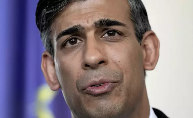 File - Britain's Prime Minister Rishi Sunak speaks during a news conference in Berlin, Germany, on April 24, 2024. (AP Photo/Markus Schreiber, File)
