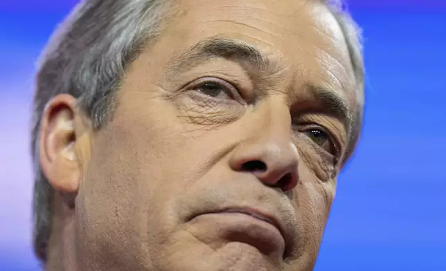 FILE - Nigel Farage, former leader of the Brexit Party and leader of the populist Reform UK party, speaks at the Conservative Political Action Conference, CPAC 2023, on March 3, 2023, at National Harbor in Oxon Hill, Md. (AP Photo/Alex Brandon)