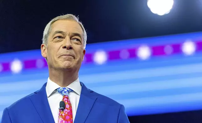 FILE - Nigel Farage, former leader of the Brexit Party and leader of the populist Reform UK party, speaks during the Conservative Political Action Conference, CPAC 2024, at the National Harbor, in Oxon Hill, Md., on Feb. 23, 2024. (AP Photo/(AP Photo/Alex Brandon, File)