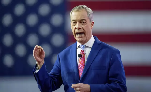 FILE - Nigel Farage, former leader of the Brexit Party and leader of the populist Reform UK party, speaks during the Conservative Political Action Conference, CPAC 2024, at the National Harbor, in Oxon Hill, Md., on Feb. 23, 2024. (AP Photo/(AP Photo/Alex Brandon, File)