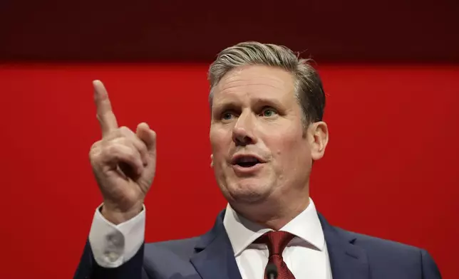 FILE - Britain's Shadow Brexit Secretary Keir Starmer speaks during the Labour Party Conference at the Brighton Centre in Brighton, England, Monday, Sept. 23, 2019. (AP Photo/Kirsty Wigglesworth, File)