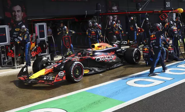 Red Bull driver Max Verstappen of the Netherlands steers his car after a pit service during the British Formula One Grand Prix race at the Silverstone racetrack, Silverstone, England, Sunday, July 7, 2024. (Andrew Boyers/Pool Photo via AP)