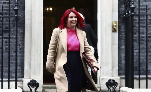 Britain's Transport Secretary Louise Haigh leaves 10 Downing Street, London, Saturday July 6, 2024, after taking part in Prime Minister Keir Starmer's first Cabinet meeting following the General Election victory for the Labour Party. (Tejas Sandhu/PA via AP)