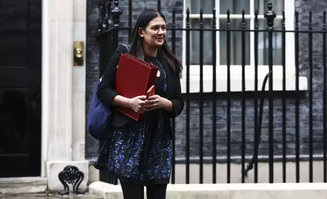 Britain's Culture Secretary Lisa Nandy leaves 10 Downing Street, London, Saturday July 6, 2024, after taking part in Prime Minister Keir Starmer's first Cabinet meeting following the General Election victory for the Labour Party. (Tejas Sandhu/PA via AP)