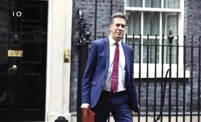 Britain's Energy Secretary Ed Miliband leaves 10 Downing Street, London, Saturday July 6, 2024, after taking part in Prime Minister Keir Starmer's first Cabinet meeting following the General Election victory for the Labour Party. (Tejas Sandhu/PA via AP)