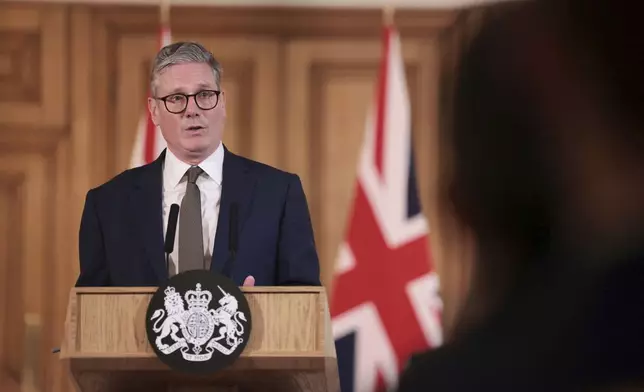 British Prime Minister Keir Starmer delivers a speech, following his first cabinet meeting as Prime Minister, in London, Saturday, July 6, 2024. Britain’s new Prime Minister Keir Starmer has appointed a Cabinet of Labour Party lawmakers and a few outside experts as he tries to tackle priorities including boosting a sluggish economy, building more homes and fixing the creaking state-funded health service.(Claudia Greco, Pool Photo via AP)