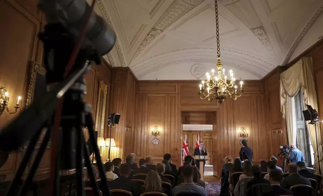 British Prime Minister Keir Starmer delivers a speech, following his first cabinet meeting as Prime Minister, in London, Saturday, July 6, 2024. Britain’s new Prime Minister Keir Starmer has appointed a Cabinet of Labour Party lawmakers and a few outside experts as he tries to tackle priorities including boosting a sluggish economy, building more homes and fixing the creaking state-funded health service.(Claudia Greco, Pool Photo via AP)