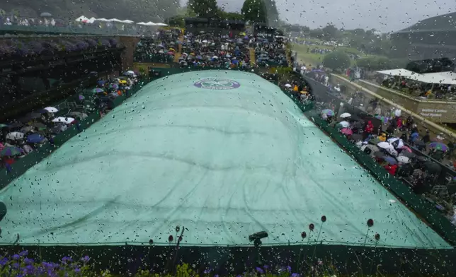 Outside courts are under covers as rain delays street to play at the Wimbledon tennis championships in London, Saturday, July 6, 2024. (AP Photo/Kirsty Wigglesworth) (AP Photo/Kirsty Wigglesworth)