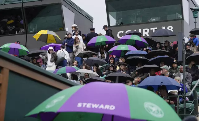 Spectators wait as rain delays play ahead of third round matches at the Wimbledon tennis championships in London, Saturday, July 6, 2024. (AP Photo/Alberto Pezzali)