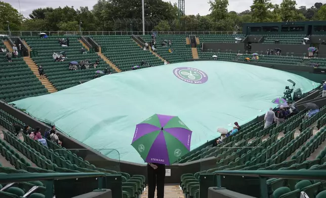 A court steward stands under an umbrella on an outside court as rain delays the start of play at the Wimbledon tennis championships in London, Saturday, July 6, 2024. (AP Photo/Alberto Pezzali)