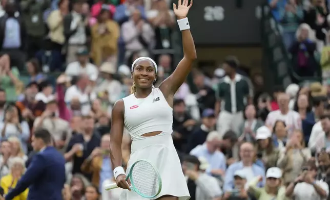 Coco Gauff of the United States celebrates after defeating Sonay Kartal of Britain in their third round match at the Wimbledon tennis championships in London, Friday, July 5, 2024. (AP Photo/Kirsty Wigglesworth)