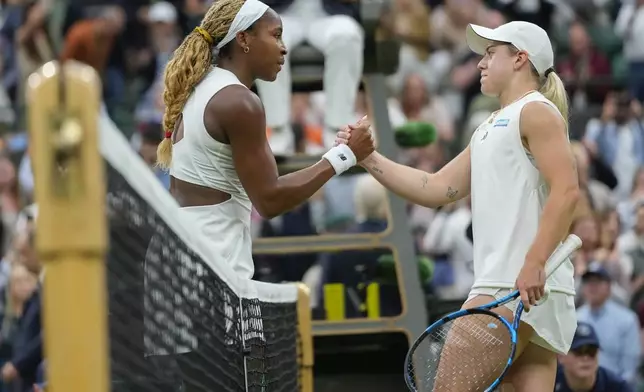 Coco Gauff of the United States is congratulated by Sonay Kartal, right, of Britain following their third round match at the Wimbledon tennis championships in London, Friday, July 5, 2024. (AP Photo/Kirsty Wigglesworth)