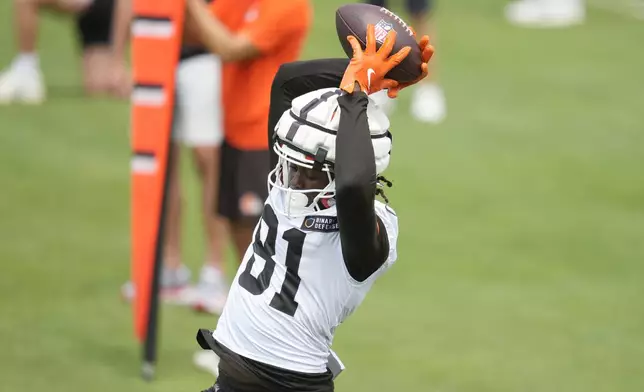 Cleveland Browns wide receiver Michael Woods II (81) catches a pass during an NFL football training camp practice Saturday, July 27, 2024, in White Sulphur Springs, W.Va. (AP Photo/Sue Ogrocki)