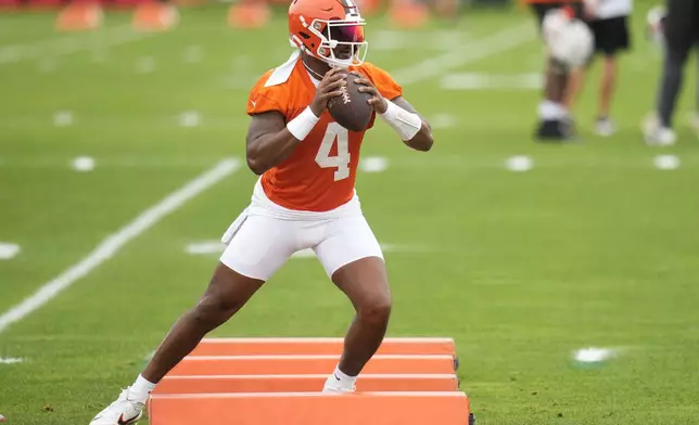 Cleveland Browns quarterback Deshaun Watson (4) participates in a drill during an NFL football training camp practice in White Sulphur Springs, West Virginia, Thursday, July 25, 2024. (AP Photo/Sue Ogrocki)