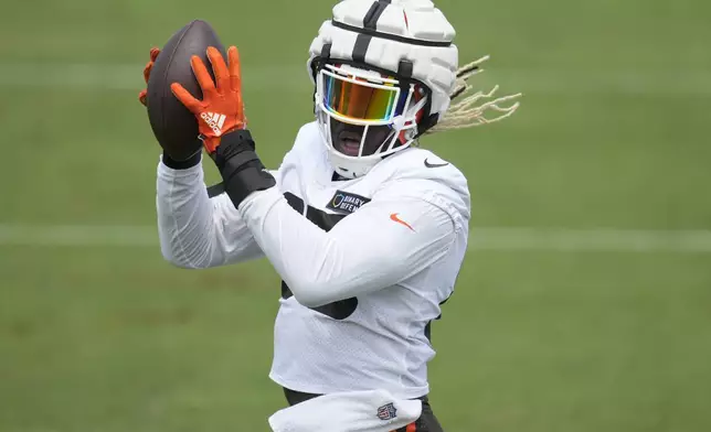 Cleveland Browns tight end David Njoku catches a pass during an NFL football training camp practice Friday, July 26, 2024, in White Sulphur Springs, W.Va., Saturday, July 27, 2024. (AP Photo/Sue Ogrocki)