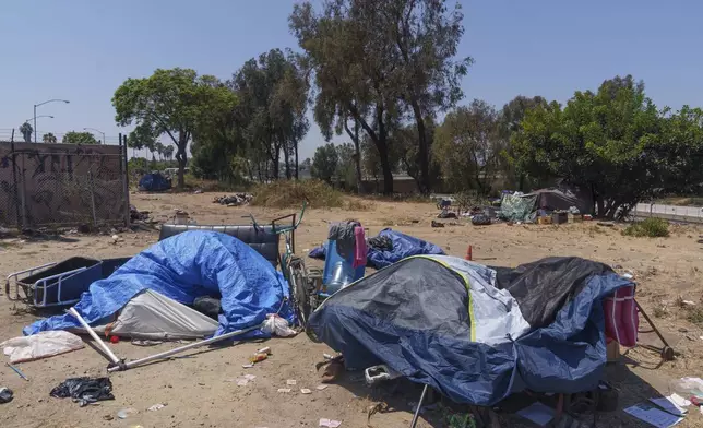 Tents and objects accumulate at a homeless encampment on the side of the CA-105 freeway on Friday, July 26, 2024, in Los Angeles. (AP Photo/Damian Dovarganes)