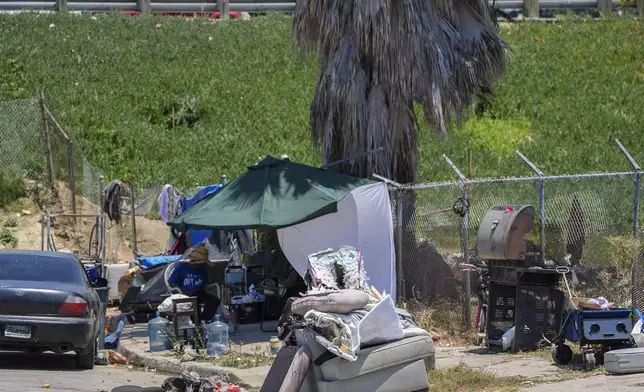 A homeless encampment sits next to the CA-110 freeway on Friday, July 26, 2024, in Los Angeles. (AP Photo/Damian Dovarganes)