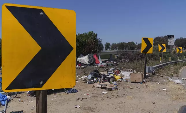 A homeless encampment is set up next to an off-ramp to the CA-105 freeway in Los Angeles on Friday, July 26, 2024. (AP Photo/Damian Dovarganes)