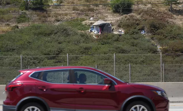 A commuter drives past a homeless encampment on the side of the CA-105 freeway on Friday, July 26, 2024, in Los Angeles. (AP Photo/Damian Dovarganes)