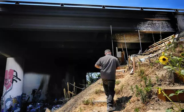 Joel Hernandez, 62, walks up to his makeshift home under the 405 Freeway after receiving water from outreach Hope the Mission in the Van Nuys section of Los Angeles, on Friday, July 26, 2024. California Gov. Gavin Newsom has issued an executive order directing state agencies "to move urgently to address dangerous" homeless encampments and clear them from state land while giving city and local leaders a push to do the same. (AP Photo/Jae C. Hong)