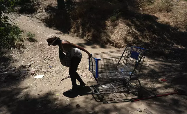 Homeless woman Courtney Debarge pulls a shopping cart at a homeless encampment next to the 405 Freeway in the Van Nuys section of Los Angeles, Friday, July 26, 2024. (AP Photo/Jae C. Hong)