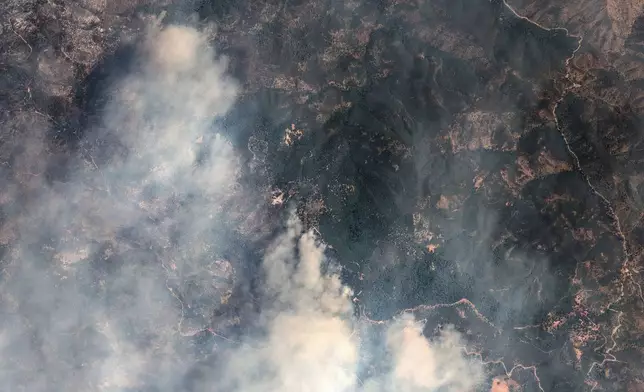 This satellite image provided by MaxarTechnologies shows an active fire line of the Lake Fire, Tuesday, July 9, 2024, in Santa Barbara County, Calif. (Satellite image ©2024 Maxar Technologies via AP)