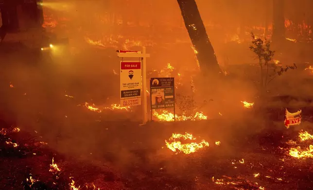 Flames surround real estate signs as the Park Fire tears though the Cohasset community in Butte County, Calif., on Thursday, July 25, 2024. (AP Photo/Noah Berger)