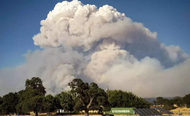 Seen from Chico, Calif., a plume rises from the Park Fire burning in Butte County on Thursday, July 25, 2024. (AP Photo/Noah Berger)