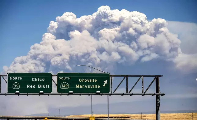 A plume rises from the Park Fire burning near Chico, Calif., on Thursday, July 25, 2024. (AP Photo/Noah Berger)