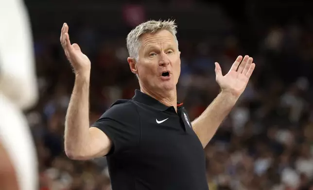United States head coach Steve Kerr reacts to a play during the first half of an exhibition basketball game against Canada, Wednesday, July 10, 2024, in Las Vegas. (AP Photo/Steve Marcus)