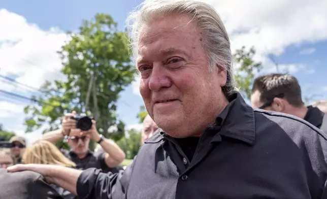 Steve Bannon arrives to speak outside Danbury Federal Correctional Institution, Monday, July 1, 2024, in Danbury, Conn. Bannon was taken into custody after surrendering at the federal prison to begin a four-month sentence on contempt charges for defying a subpoena in the congressional investigation into the U.S. Capitol attack. (AP Photo/Julia Nikhinson)