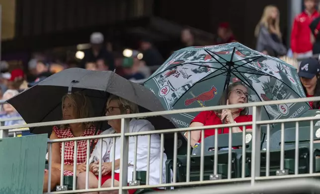 Baseball fans wait for the rain to pass before a baseball game between the St. Louis Cardinals and Atlanta Braves, Friday, July 19, 2024, in Atlanta. (AP Photo/Jason Allen)