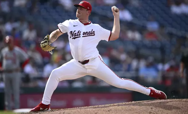 Washington Nationals starting pitcher Mitchell Parker throws during the fifth inning of a baseball game against the St. Louis Cardinals, Monday, July 8, 2024, in Washington. (AP Photo/Nick Wass)