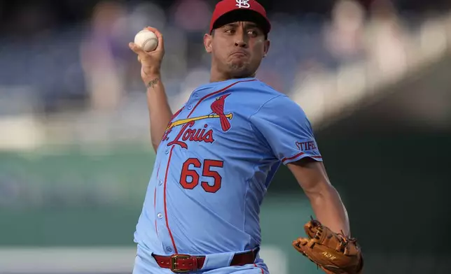 St. Louis Cardinals pitcher Giovanny Gallegos (65) throws during the sixth inning of a baseball game against the Washington Nationals at Nationals Park, Saturday, July 6, 2024, in Washington. The Nationals beat the Cardinals, 14-6. (AP Photo/Mark Schiefelbein)